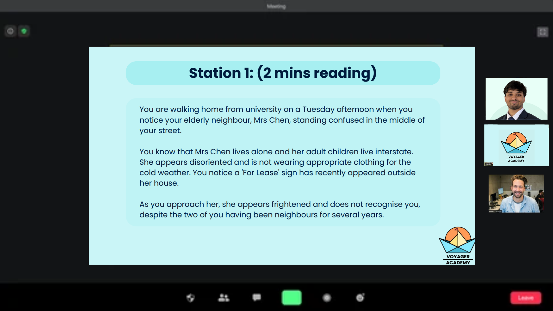 A live Voyager Academy mock interview over video call, showing a timed MMI station